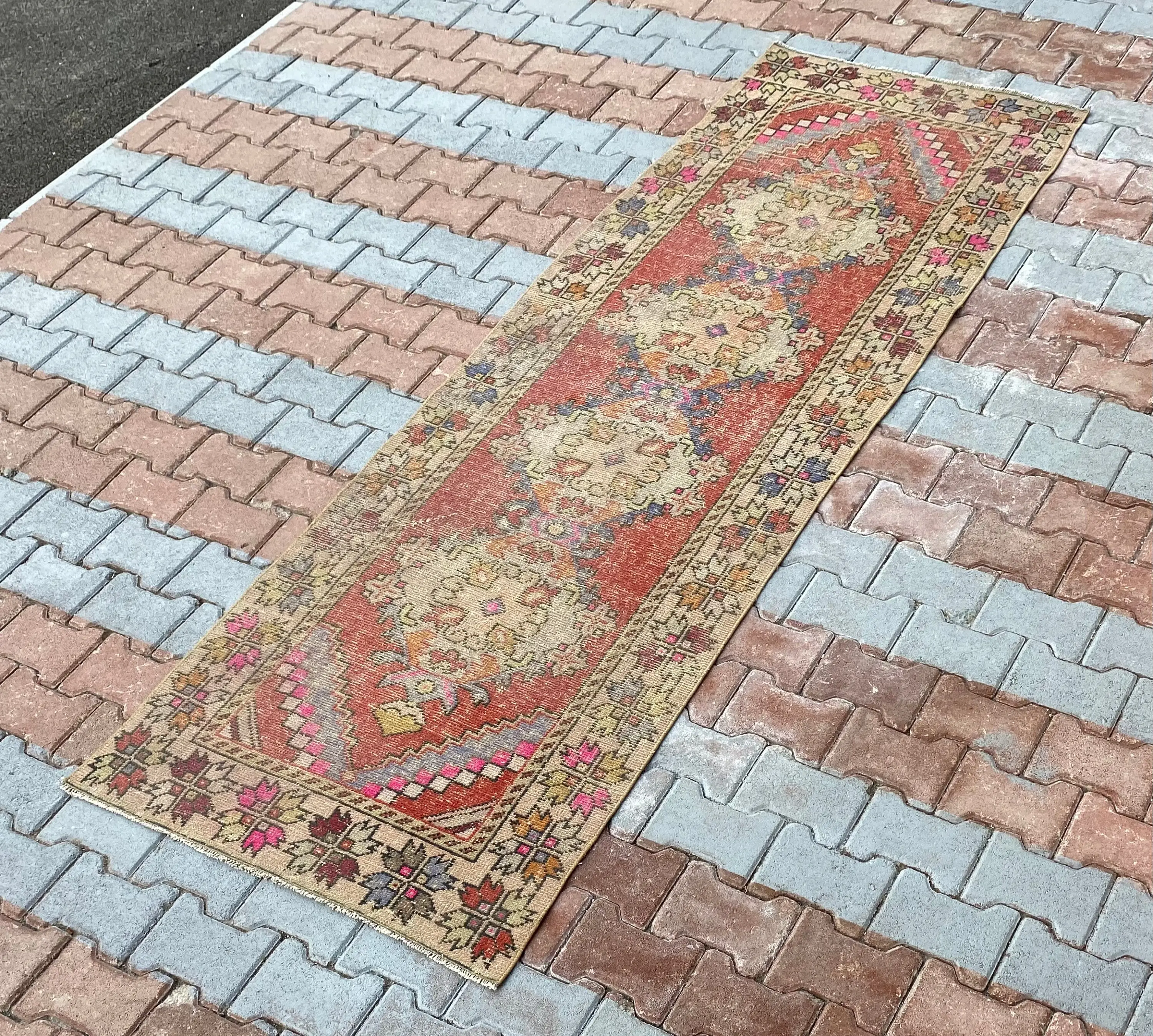 3x8.1 ft Rug, Vintage Turkish Rug, Red Floral Rug - 1