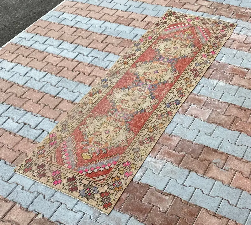 Red Rainbow Rug, 3x9.1 ft Floral Geometric Design