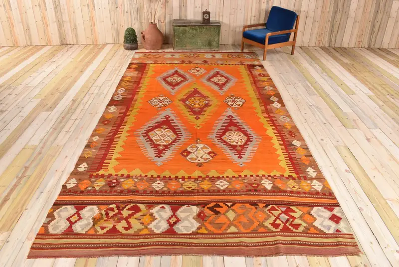 Canlı Turuncu İran Halısı, 7,6x15 ft Zarif Dekor