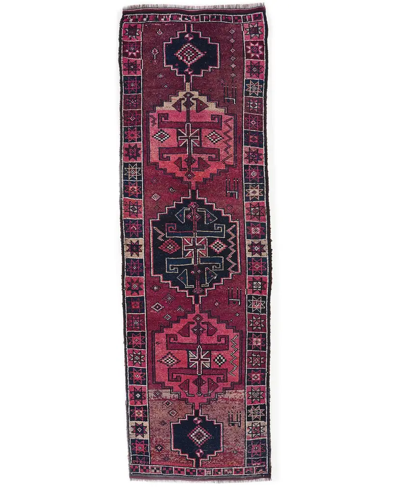 Zarif Pembe ve Mavi Halı, 3,2x10,8 ft Botanik Tasarım