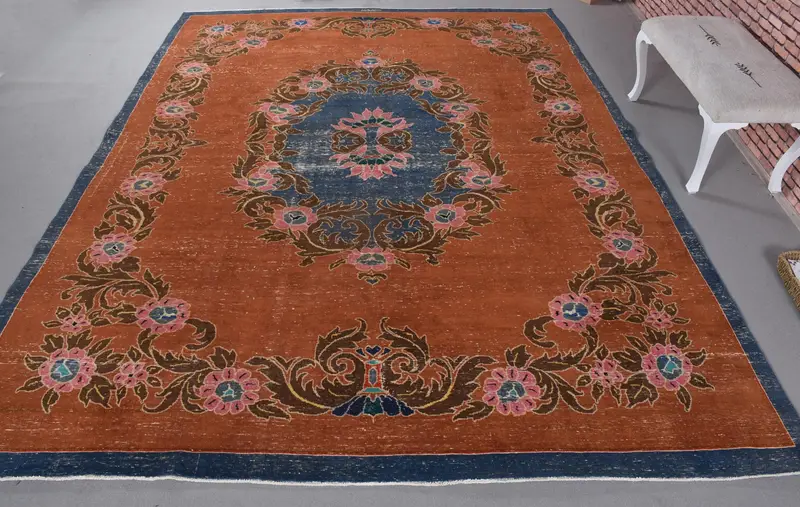 Mavi Desenli Canlı Turuncu Halı, 9,3x11,1 ft