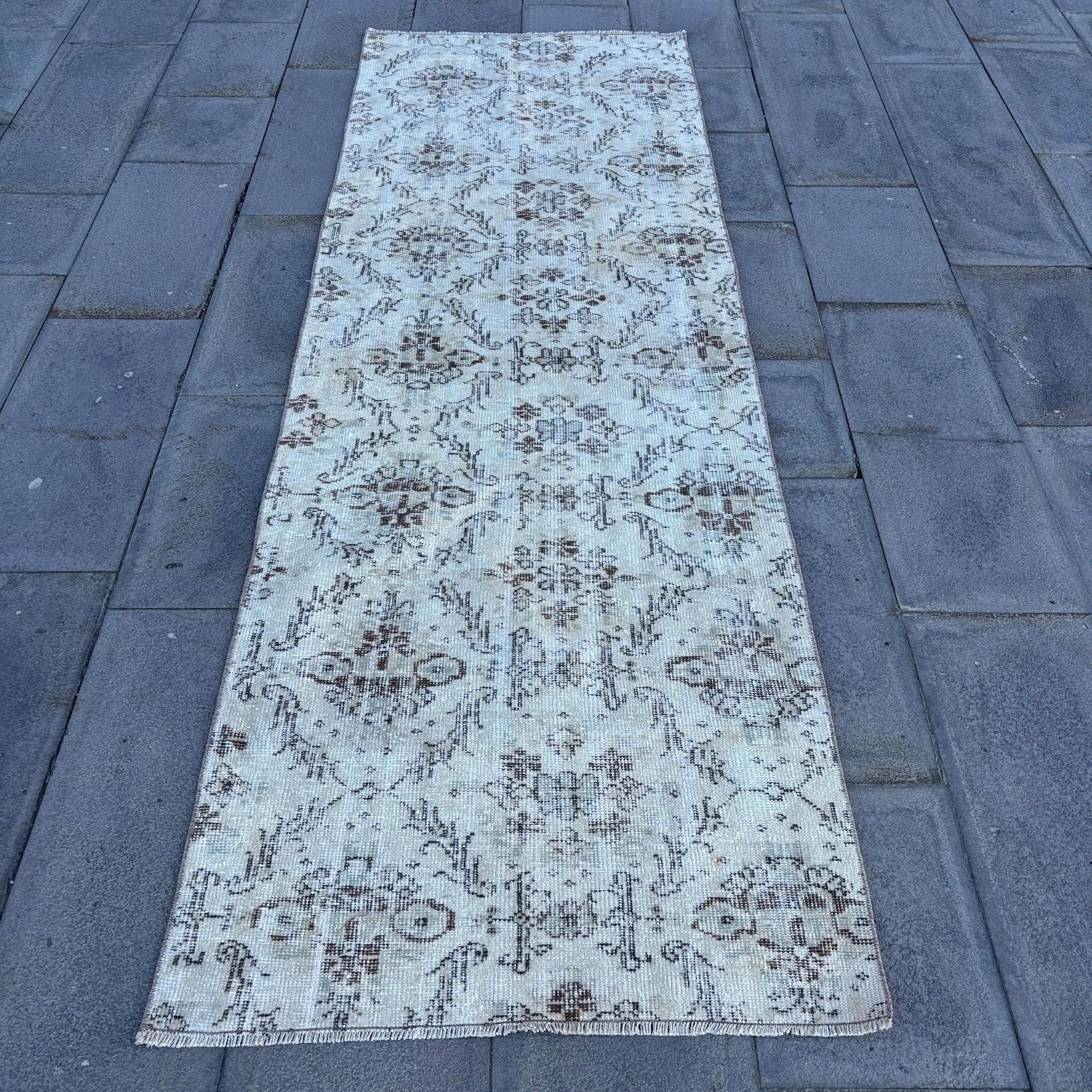 2.8x8.6 ft Rug, Turkish Rug, Vintage White Wool Polka dot Rug - 1
