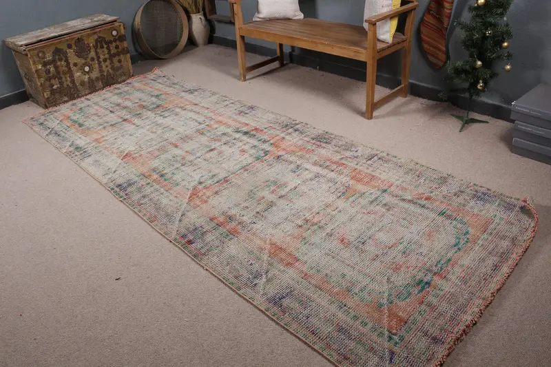 4x10.8 ft Oushak Halı, Vintage Türk Halısı, Mavi Turuncu Çiçekli Halı - 1