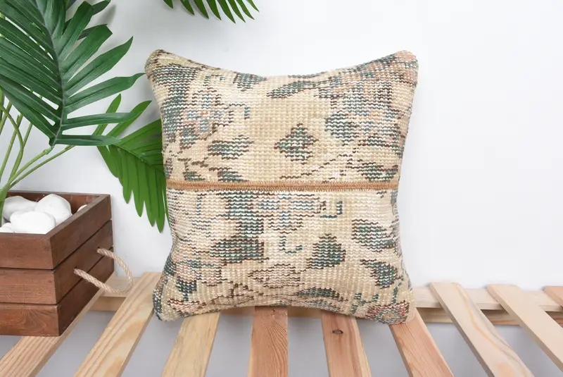 Beige & Brown Patchwork Throw Pillow, 14x14 Embroidered Cushion