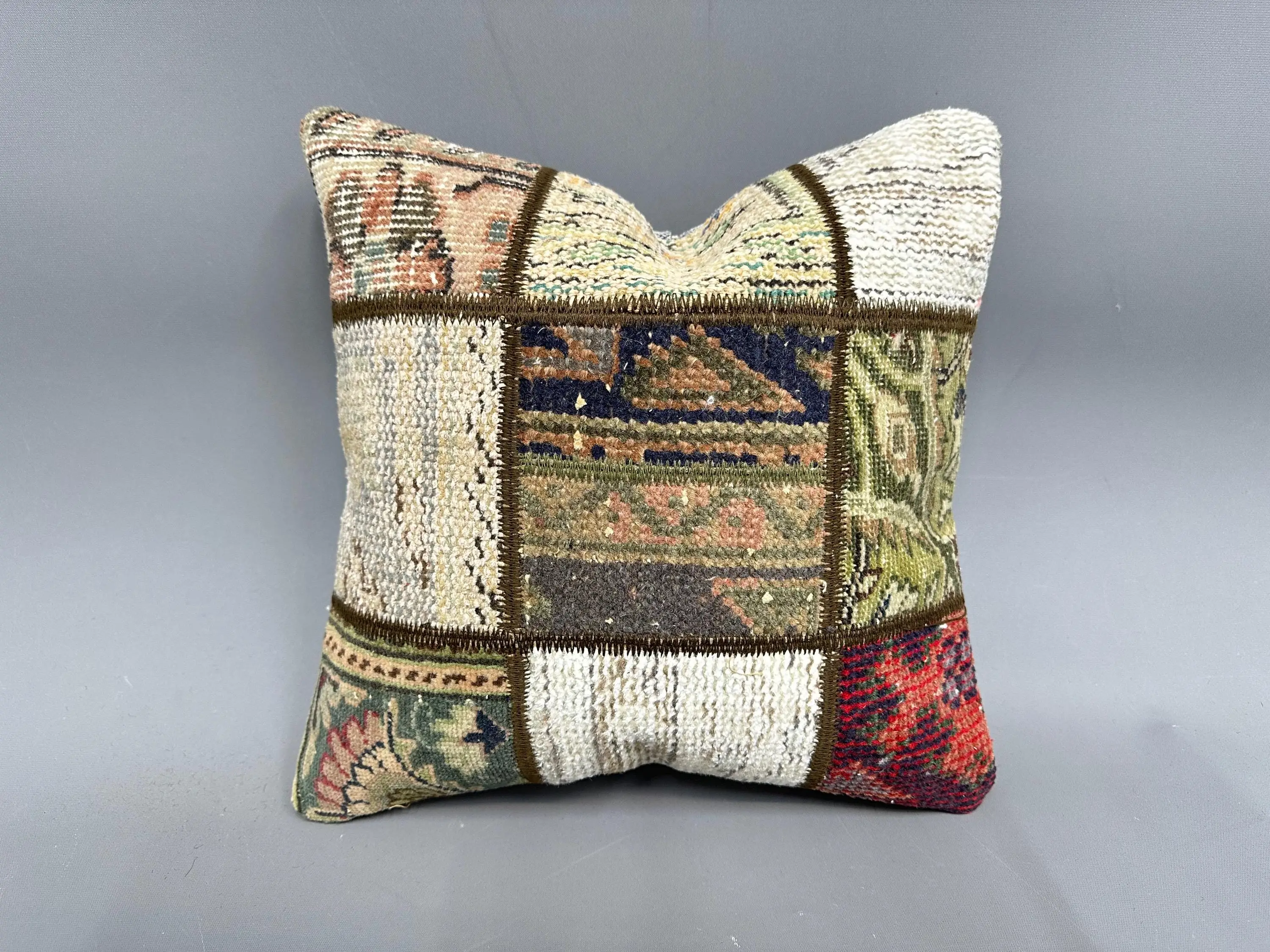 Handwoven Turkish Kilim Throw Pillow, 16x16 Vintage Patchwork Pillow - 1
