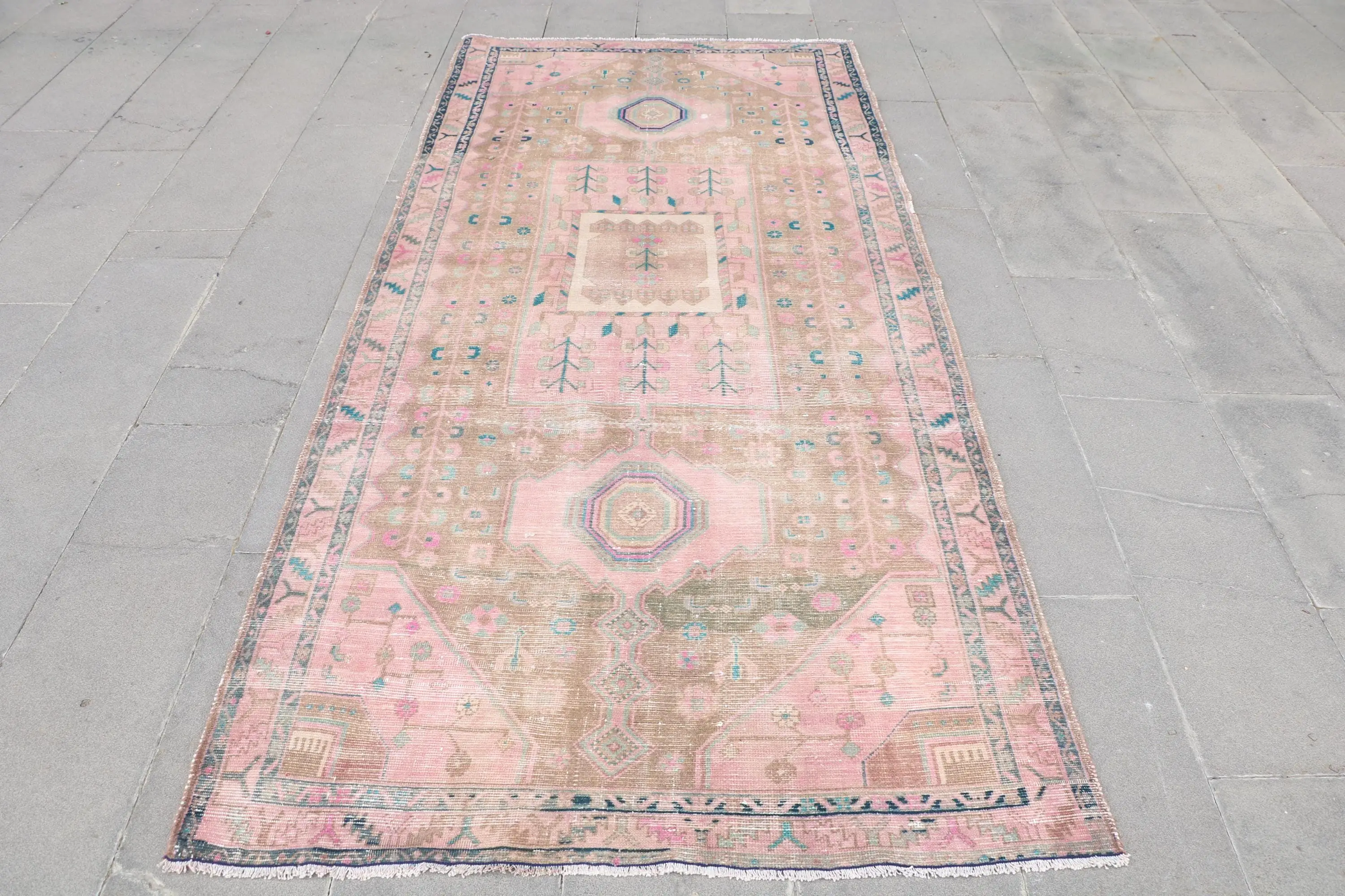 Turkish 4.2x9.2 ft Rug, Area Vintage Rug, Pink Southwestern Wool Rug - 1