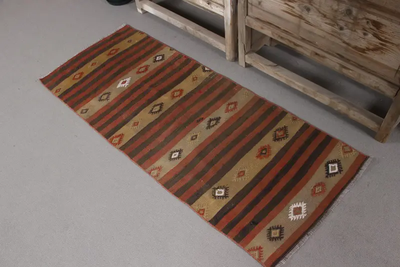 Turkish Vintage Runner Rug 2x5.1 ft, Kilim Brown Wool Rug - 1
