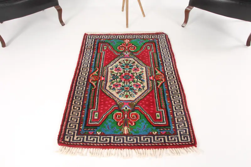 Kleiner türkischer Vintage-Teppich, 90 x 120 cm, rot-blauer Teppich - 1
