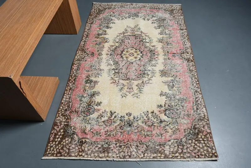 3.7x6.4 ft Türk Halısı, Oushak Halısı, Kırmızı Kareli Halı Yünü - 1