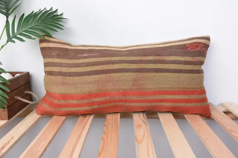 12x24 Orange Cushion Cover, Handmade Rug Seat Cushion, Boho Pillow Sham Cover, Pattern Throw Pillow Cover, Kilim Pillow, Cushion, Kilim Pillow Cover - 1