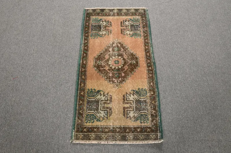 Turkish Small Rug, 1.7x3.3 ft Vintage Rug, Brown Oushak Wool Rug - 1