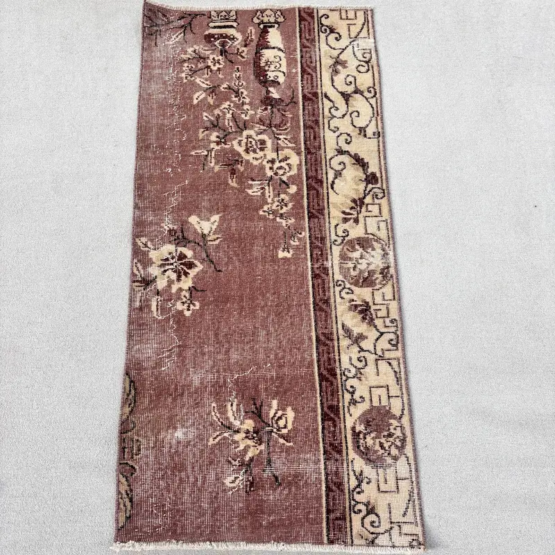 2.3x4.8 ft Turkish Small Rug, Vintage Brown Bordered Rug - 1