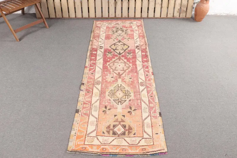 Handmade Pink Rug, 2.7x7.7 ft Bordered Design