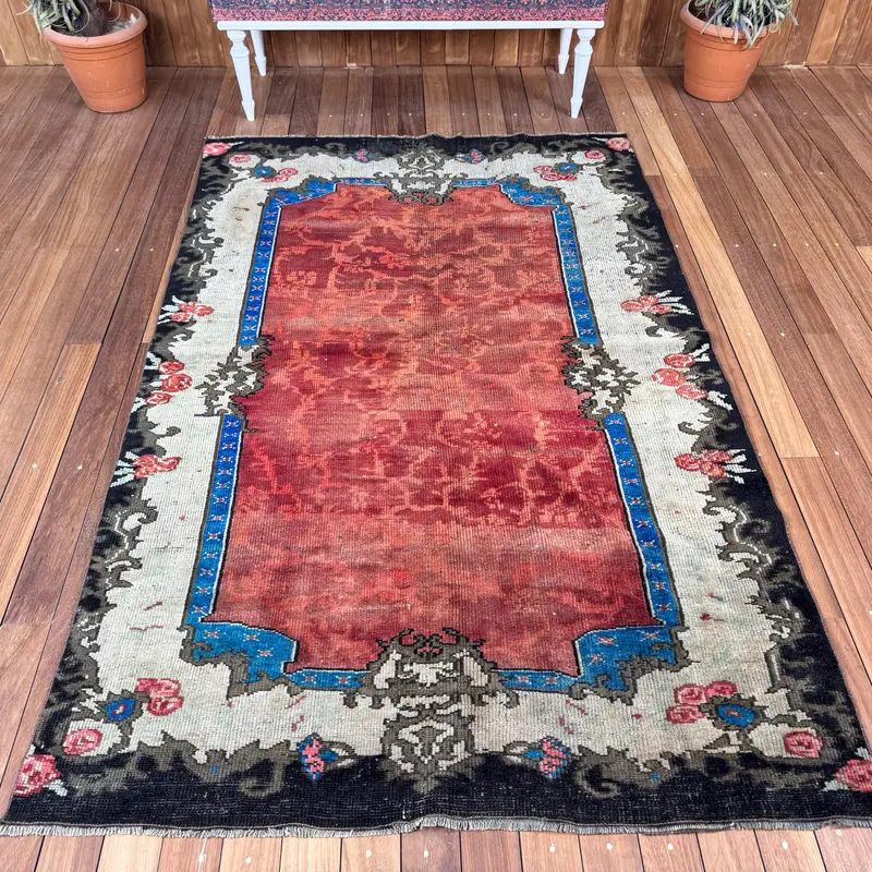 4.5x7.2 ft Rug, Vintage Turkish Rug, Oushak Red Ombré Rug - 1