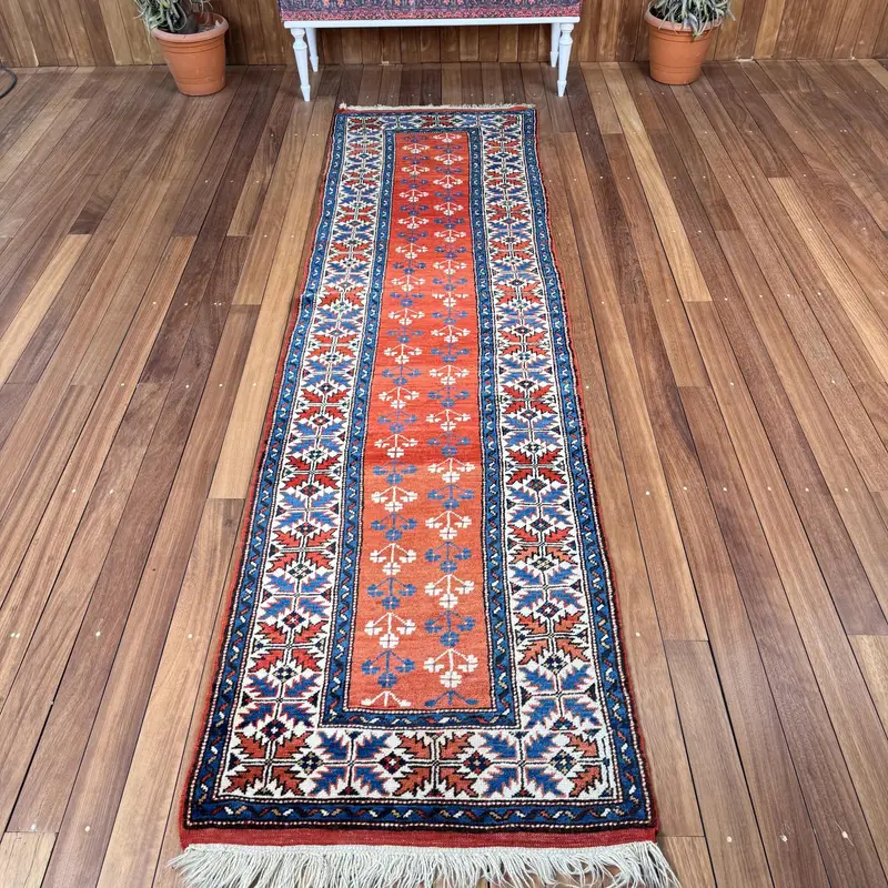 Turkish Vintage Oushak Runner Rug 2.7x10 ft, Red Plants & trees Rug Wool - 1