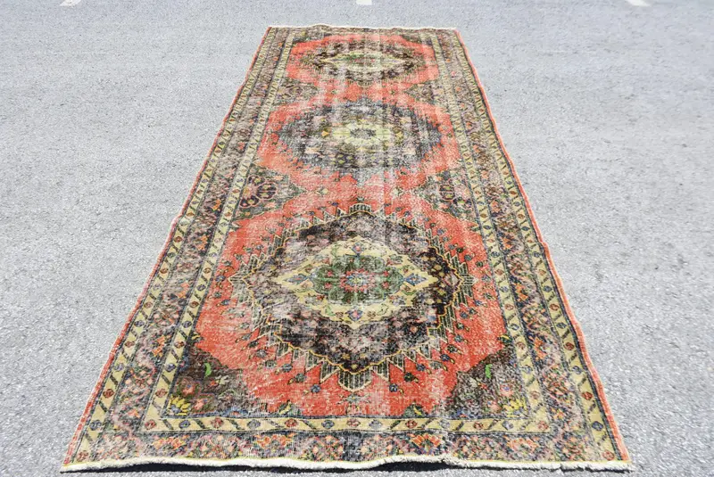 4.8x11.9 ft Vintage Halı, Türk Büyük Halı, Kırmızı Soyut Yün Halı - 1