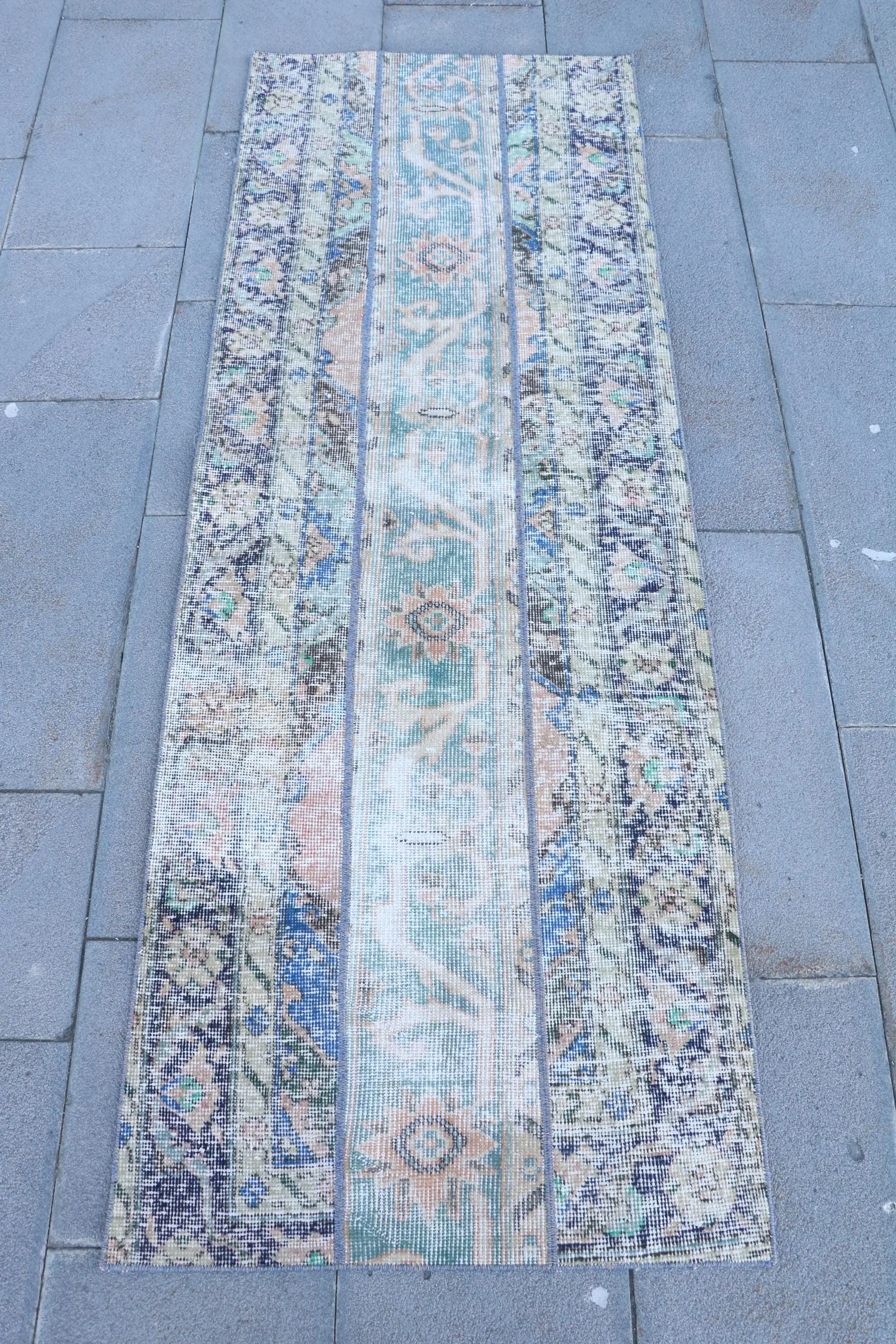 2.3x6.4 ft Turkish Vintage Rug, Runner Rug, Blue Wool Rug - 1