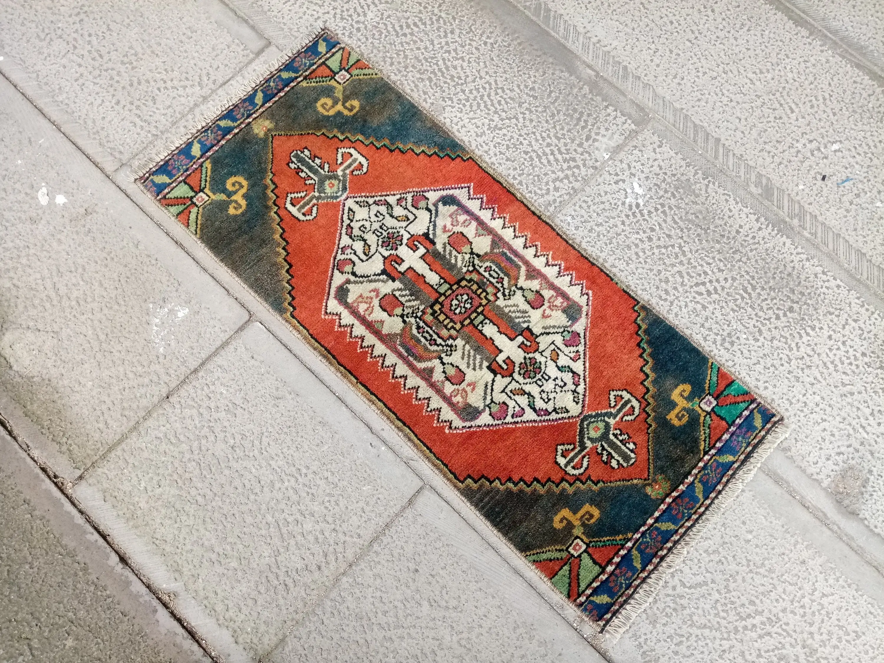 Turkish Small Rug 1.2x2.7 ft, Red Vintage Rug - 1