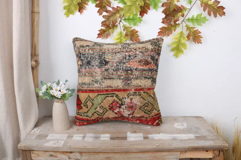 Sofa Bolster Pillow Cover, Interior Designer Pillow, Boho Pillow, Cushion Case, Gift Pillow, 16x16 Green Cushion Case, Turkish Rugs Pillow - 1