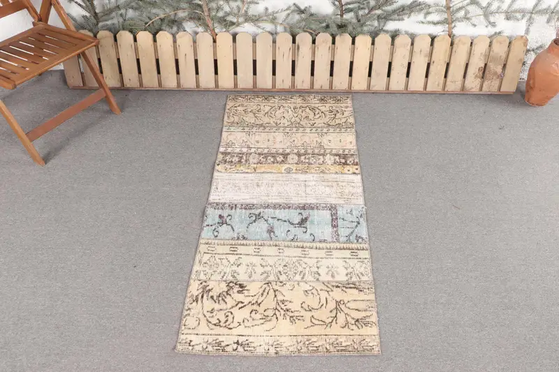 ハンドメイド ブルー & グリーン ラグ、2.3x5.2 フィート パッチワーク