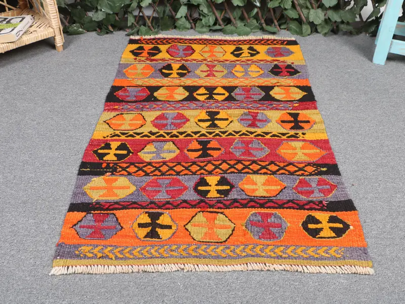 Vibrant Orange & Green Rug, 2.1x3.4 ft Persian Pattern