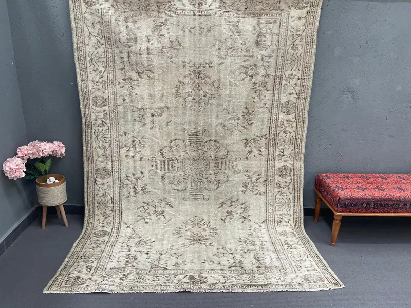 6.2x8.7 ft Vintage Turkish Rug, Large Rug, Gray Oushak Plants & trees Rug - 1