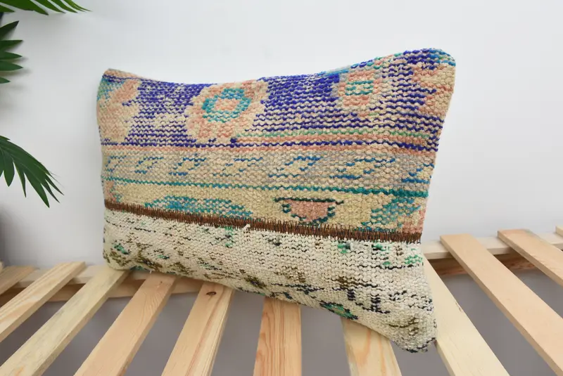 Turkish Kilim Pillow, Vintage Pillow, 12x20 Blue Pillow Sham, Vintage Kilim Pillow, Armchair Pillow Cover, Cushion Case - 5