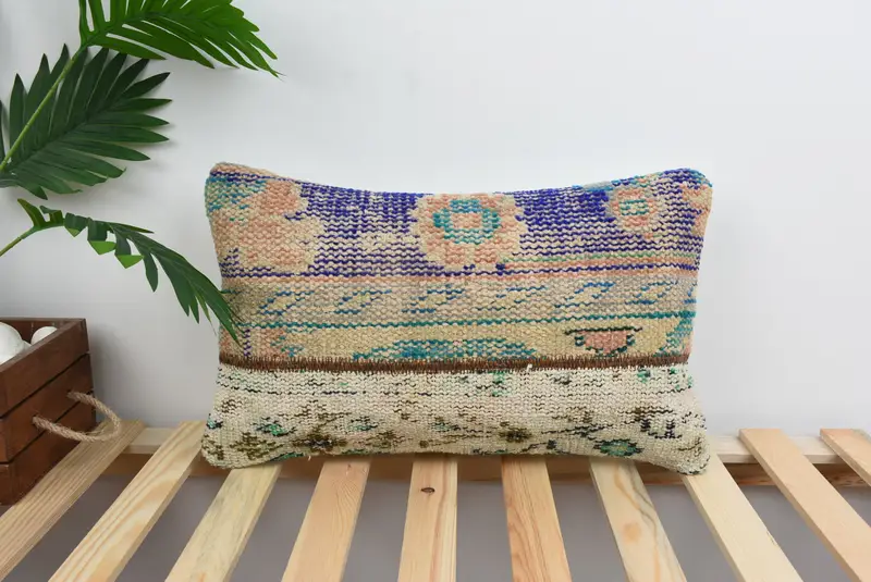 Turkish Kilim Pillow, Vintage Pillow, 12x20 Blue Pillow Sham, Vintage Kilim Pillow, Armchair Pillow Cover, Cushion Case - 1