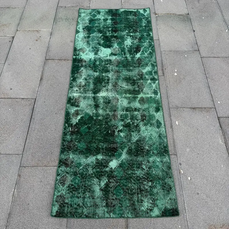 Zarif Yeşil İran Halısı, Kahverengi Desenli 2,1x5,7 ft