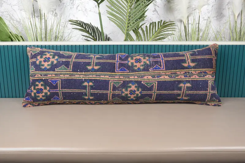 Mavi & Turuncu Patchwork Kırlent, El Yapımı Dikdörtgen Yastık