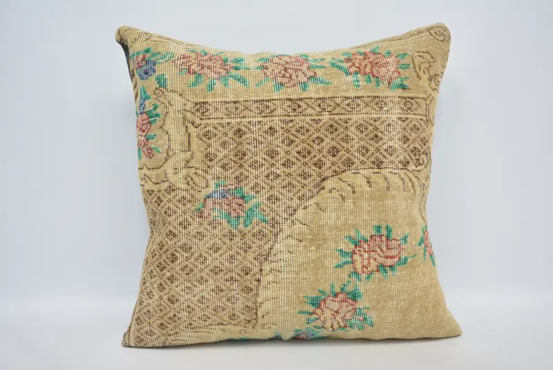 Beige & Grün besticktes Wurfkissen, Vintage Quadratisches Kissen