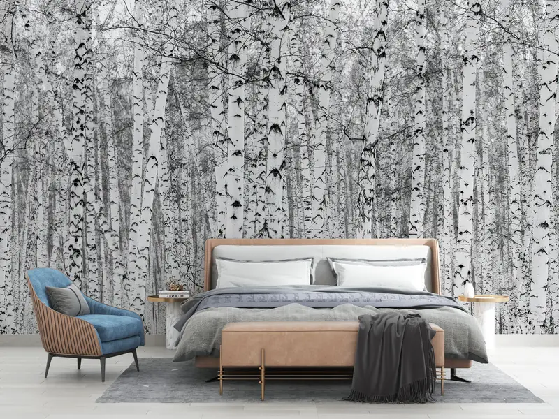 Wall Paper Peel and Stick, Bright Wall Paper, Paper Wall Art, Black And White Wall Mural, Birch Forest, Birch Forest Wall Decor, - 2