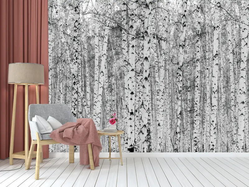 Wall Paper Peel and Stick, Bright Wall Paper, Paper Wall Art, Black And White Wall Mural, Birch Forest, Birch Forest Wall Decor, - 5