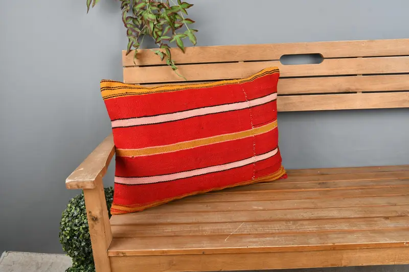 Wool Kilim Pillow Pillow Cover, Cushion, 16x24 Red Pillow, Gift Pillow, Pillow for Sofa, Handmade Rug Seat Pillow Cover, Vintage Kilim Throw Pillow - 1