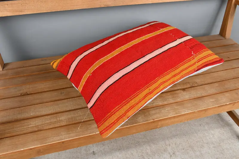 Wool Kilim Pillow Pillow Cover, Cushion, 16x24 Red Pillow, Gift Pillow, Pillow for Sofa, Handmade Rug Seat Pillow Cover, Vintage Kilim Throw Pillow - 2