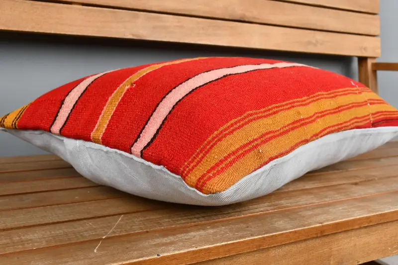 Wool Kilim Pillow Pillow Cover, Cushion, 16x24 Red Pillow, Gift Pillow, Pillow for Sofa, Handmade Rug Seat Pillow Cover, Vintage Kilim Throw Pillow - 3