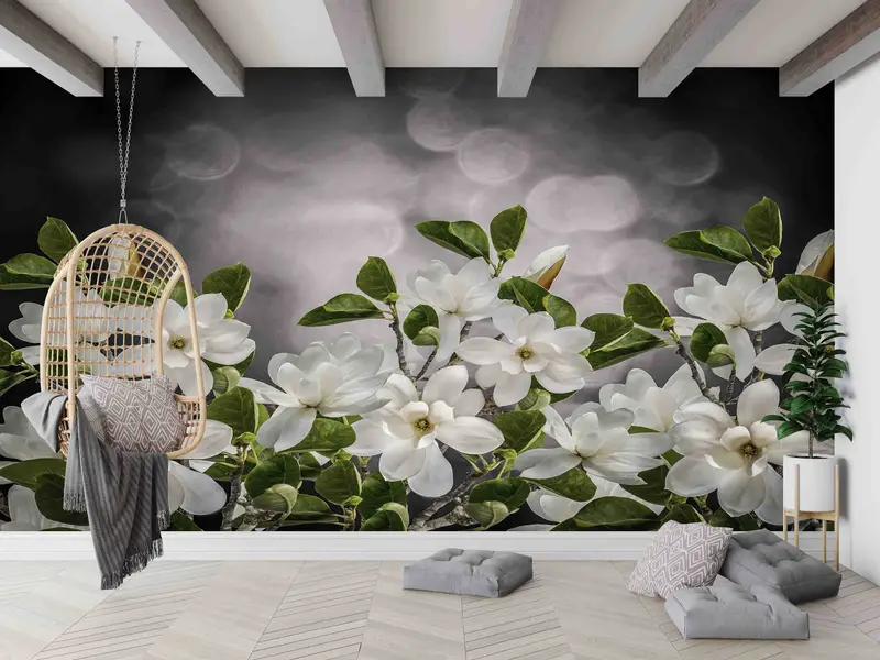 Modern Manolya Çiçeği Baskılı Duvar Kağıdı: Zarif Çiftlik Evi Dekoru