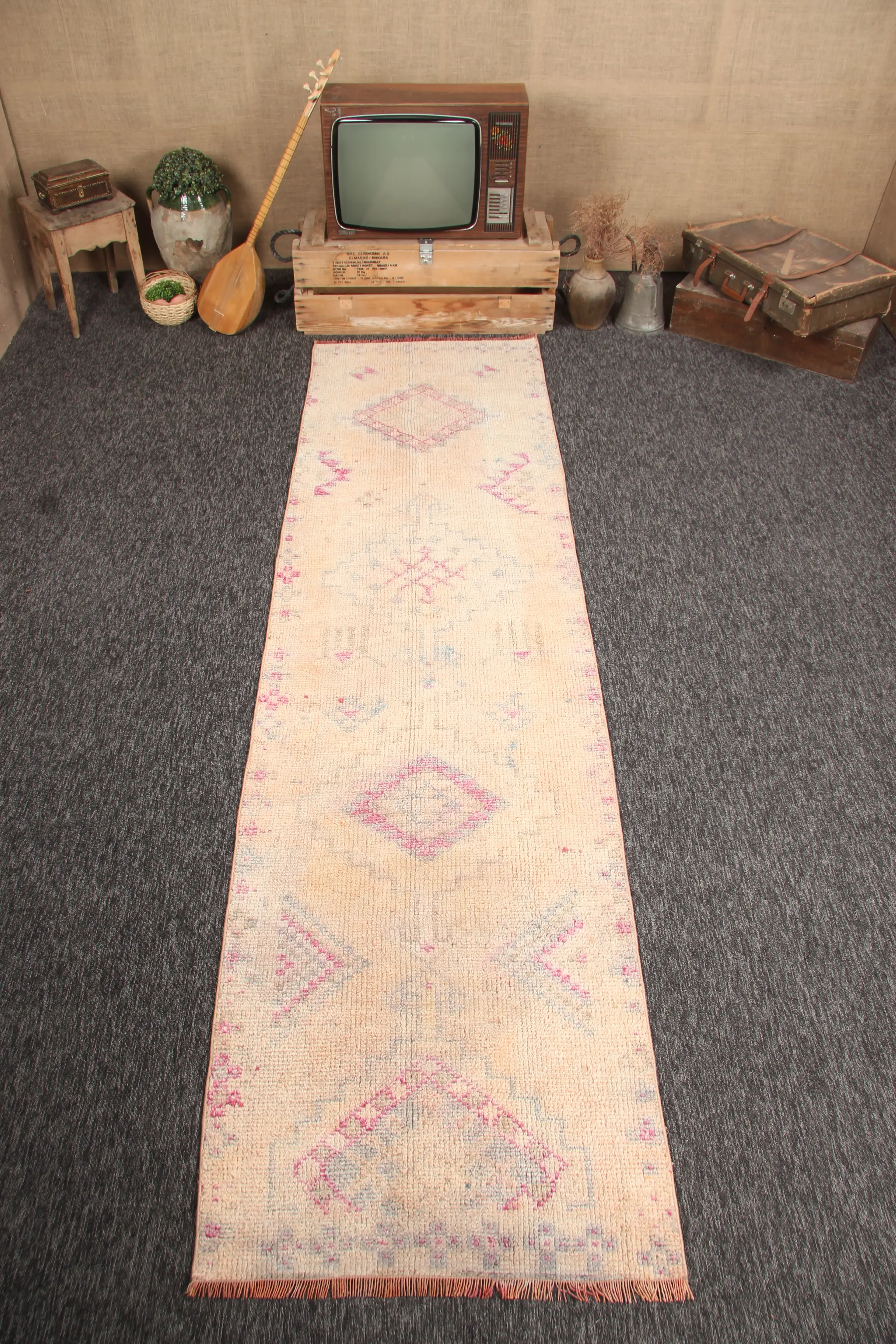 Vintage Turkish Small Rug 2.8x10.5 ft, Herki Beige Rug - 1