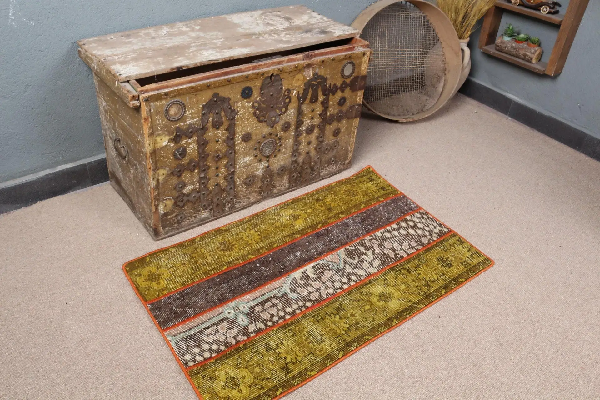 Turkish Vintage Rug, 2x3.2 ft Rug, Green Orange Floral Wool Rug - 1