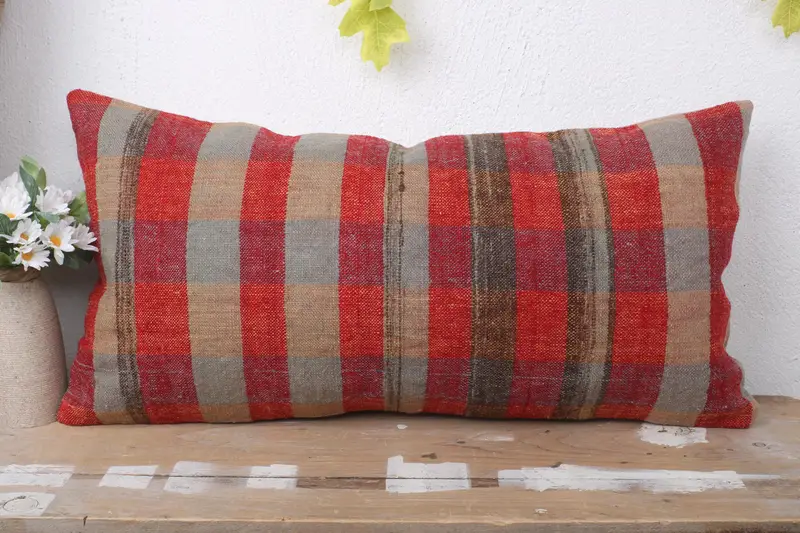Kilim Pillow Cover, 12x24 Red Cushion Cover, Ethnical Kilim Rug Pillow, Pillow Sham, Pillow for Couch, Indoor Pillow Sham - 2