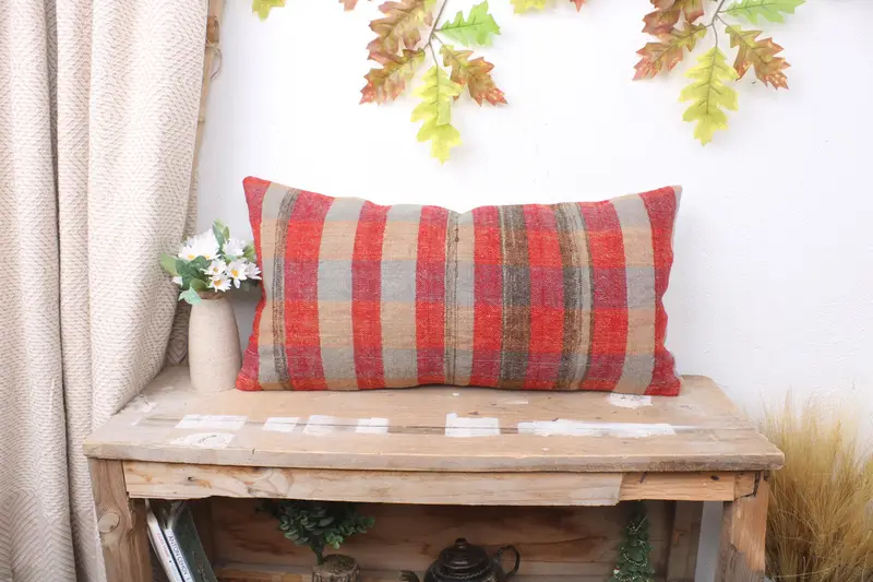 Kilim Pillow Cover, 12x24 Red Cushion Cover, Ethnical Kilim Rug Pillow, Pillow Sham, Pillow for Couch, Indoor Pillow Sham - 1