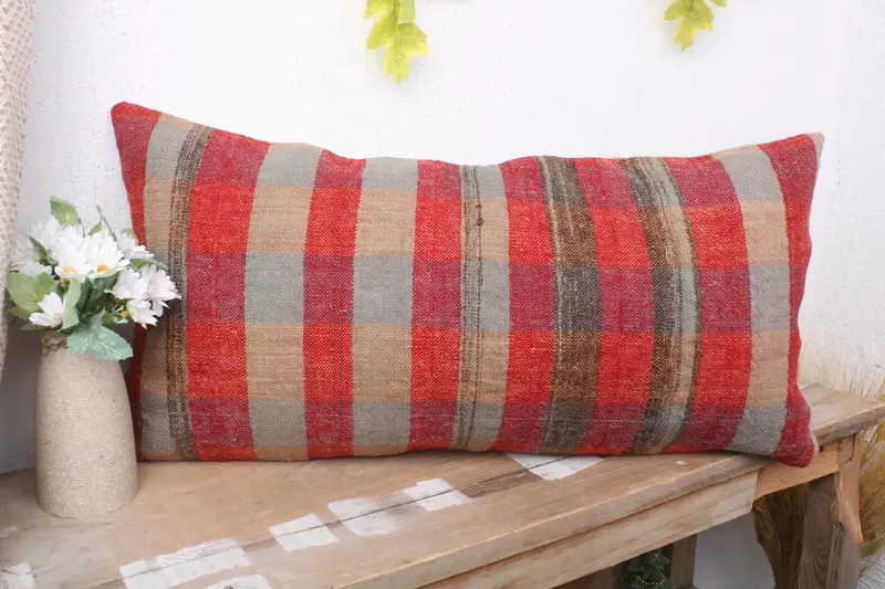 Kilim Pillow Cover, 12x24 Red Cushion Cover, Ethnical Kilim Rug Pillow, Pillow Sham, Pillow for Couch, Indoor Pillow Sham - 4