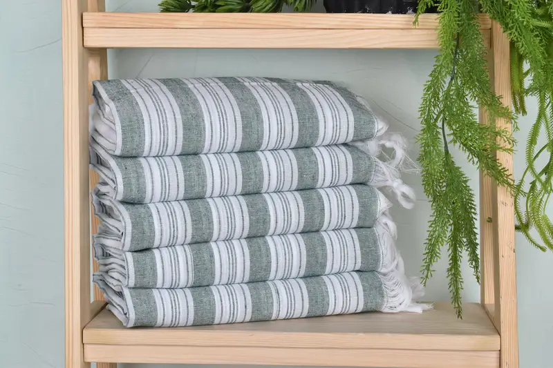 Dark Green Cotton Towel Striped, Country Farmhouse, 40x71 Inches