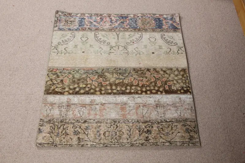 Türk Vintage Halısı, 2.6x2.9 ft Küçük Halı, Kahverengi Mavi Soyut Halı - 1