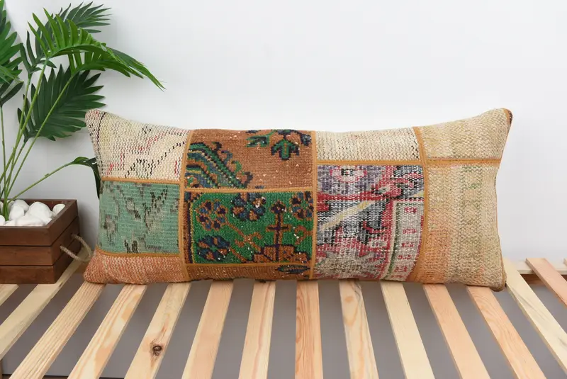 Handwoven Pillow Cover Cushion, 16x36 Orange Pillow Sham, Turkish Pillow, Interior Designer Pillow, Pillow, Ethnical Kilim Rug Pillow - 1