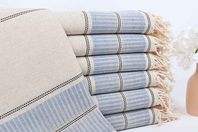 Kişiye Özel Petrol Mavisi Çizgili Havlu, Keten, 40x71 İnç