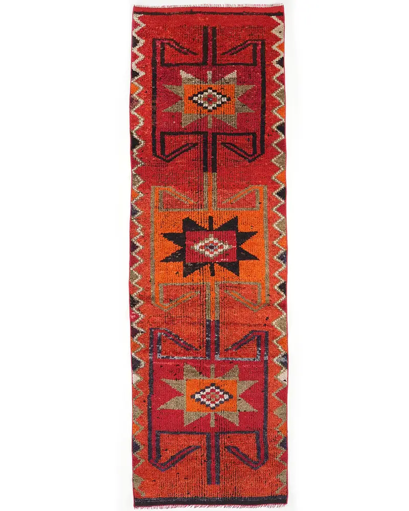 Vibrant Orange Rug, 2.8x8.9 ft with Plant & Tree Patterns