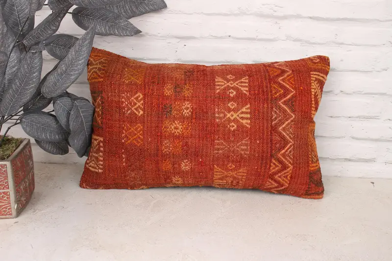 Kilim Pillow, Pastel Pillow Case, Shabby Chic Pillow Case, Cushion, 12x20 Red Pillow Sham, Turkish Kilim Pillow, Handmade Kilim Cushion - 1