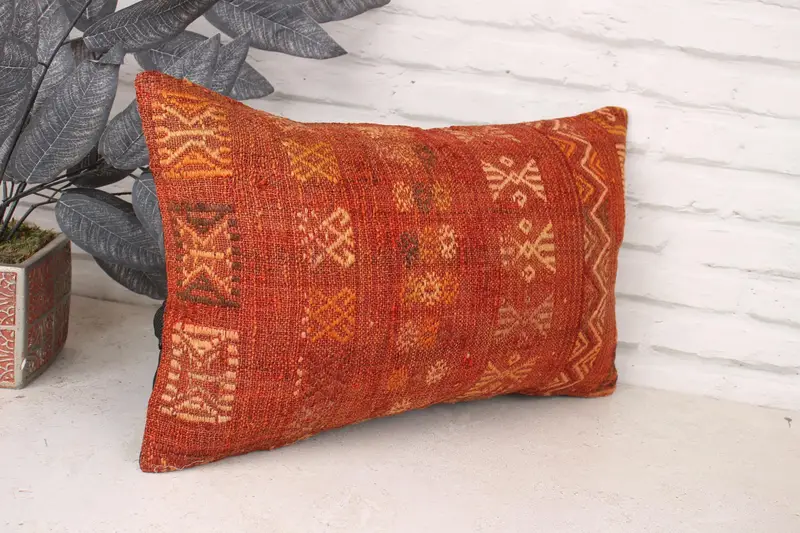 Kilim Pillow, Pastel Pillow Case, Shabby Chic Pillow Case, Cushion, 12x20 Red Pillow Sham, Turkish Kilim Pillow, Handmade Kilim Cushion - 3