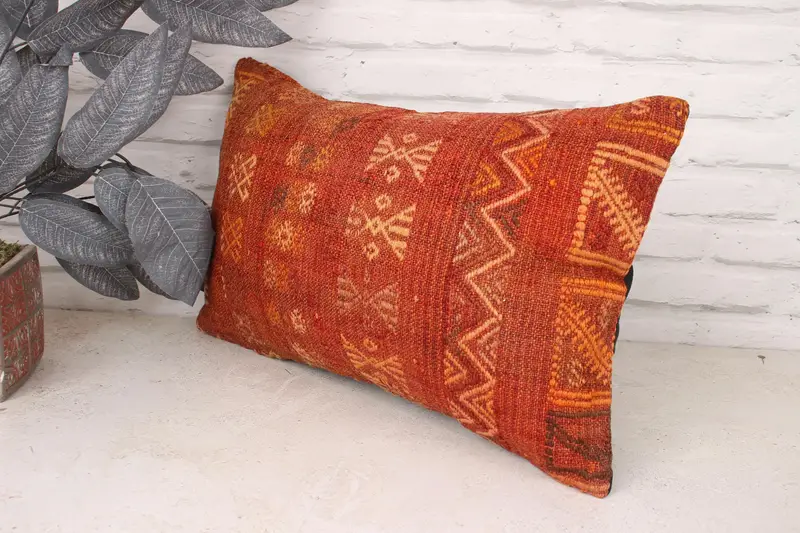 Kilim Pillow, Pastel Pillow Case, Shabby Chic Pillow Case, Cushion, 12x20 Red Pillow Sham, Turkish Kilim Pillow, Handmade Kilim Cushion - 4